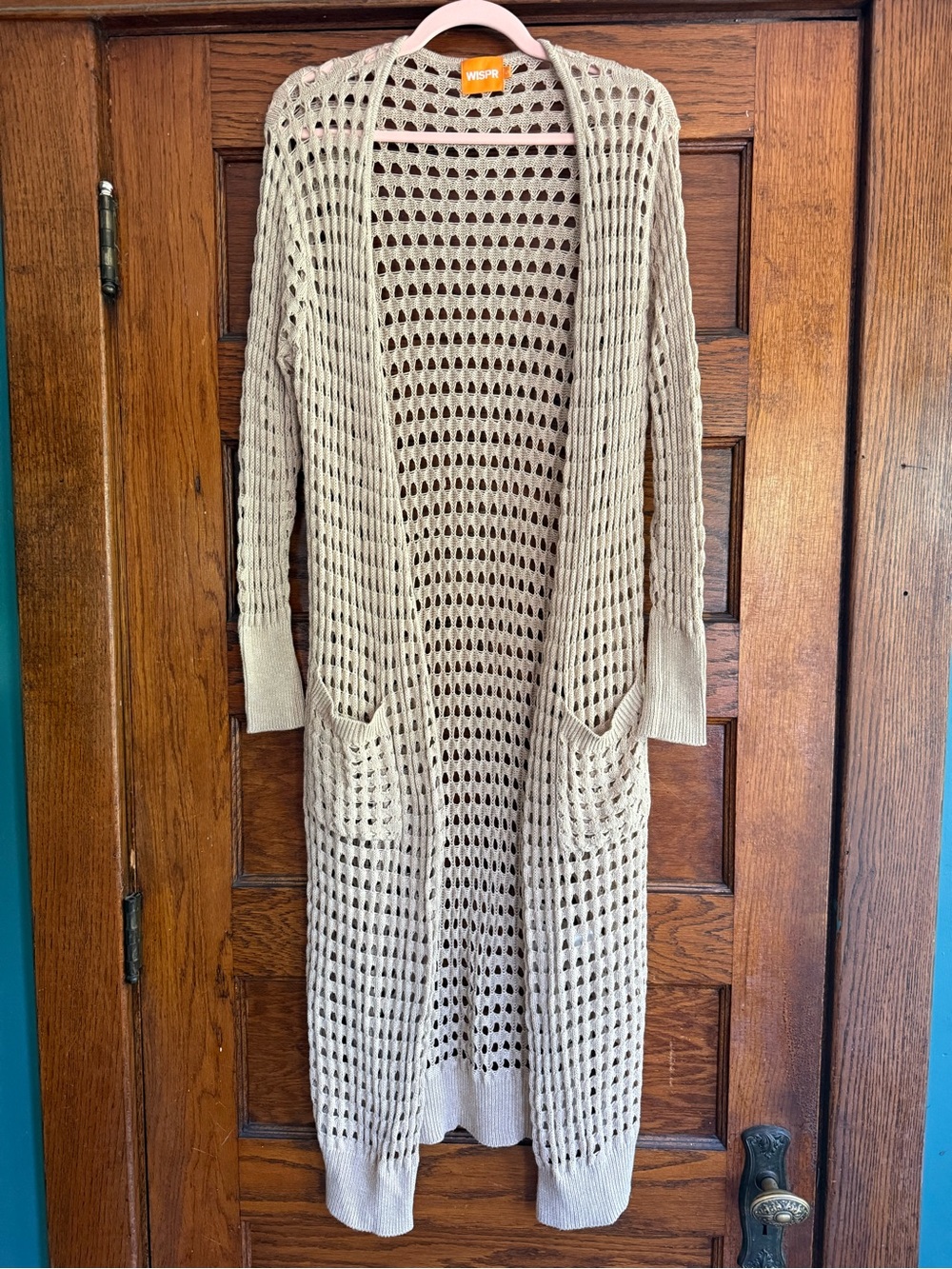 WISPR Y2K Silk Blend Crochet Knit Open Front Long Duster Cardigan Beachy Boho S